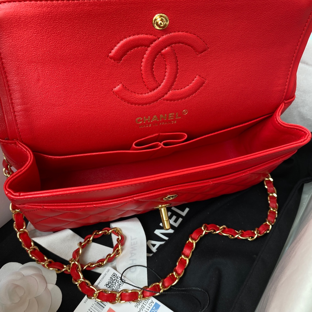 Classic Flap Lambskin Bag A01113 Red/Gold